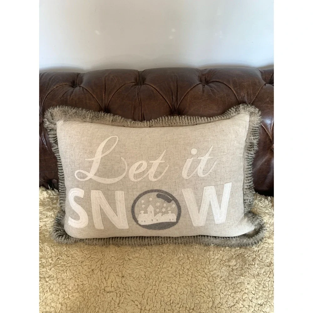 Dash Away Home Let it Snow Lumbar Pillow Faux Fur Trim Linen Blend Holiday Decor